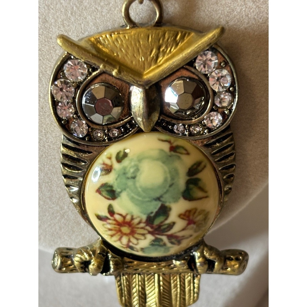 Vintage Style Gold Tone Owl Pendant Necklace Floral Rhinestone Boho Jewelry